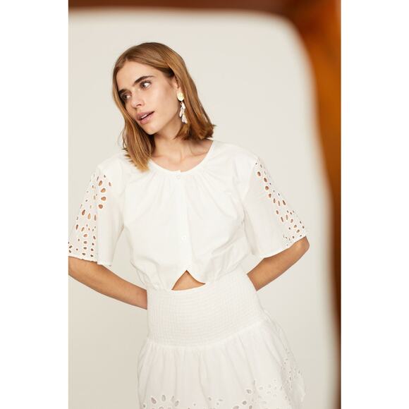 Thakoon White Eyelet Smocked Short Sleeve Cut Out Summer Mini Dress Size 0 - Picture 4 of 15